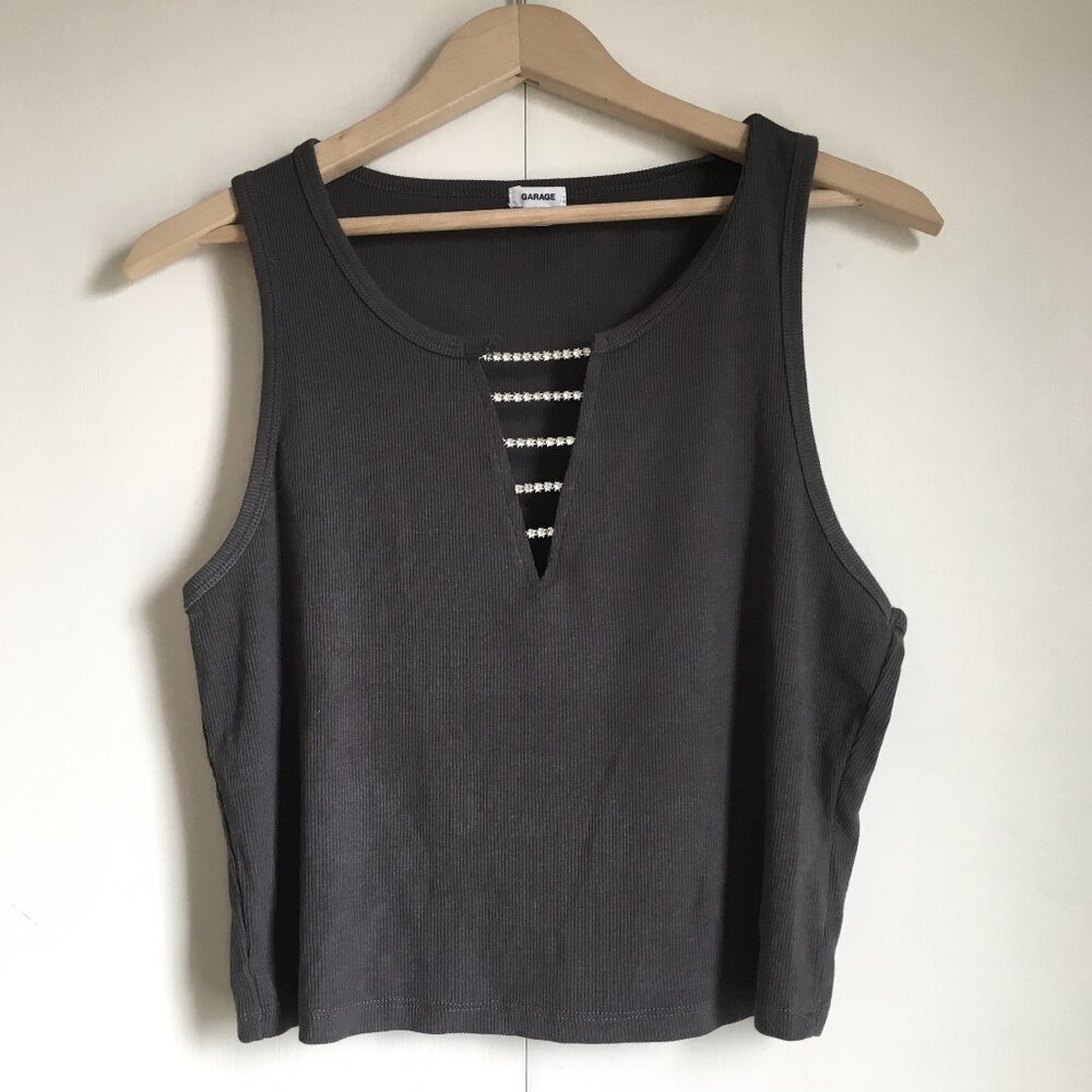 Y2K Garage Grey Rhinestone Cut Out Crop Tank XL Cyber Grunge McBling